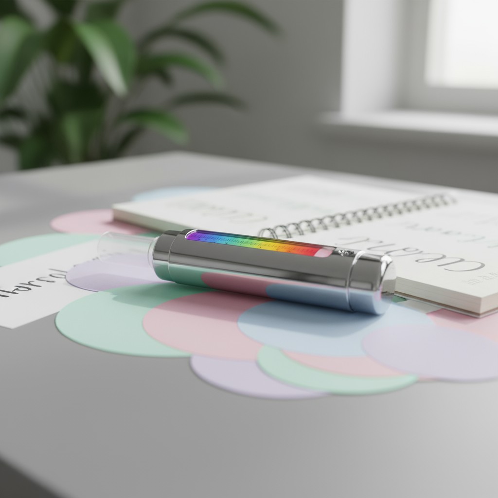 An open notebook lies underneath a metal Omnipod tube while the tube is displaying its colour bar and a house plant stylus...